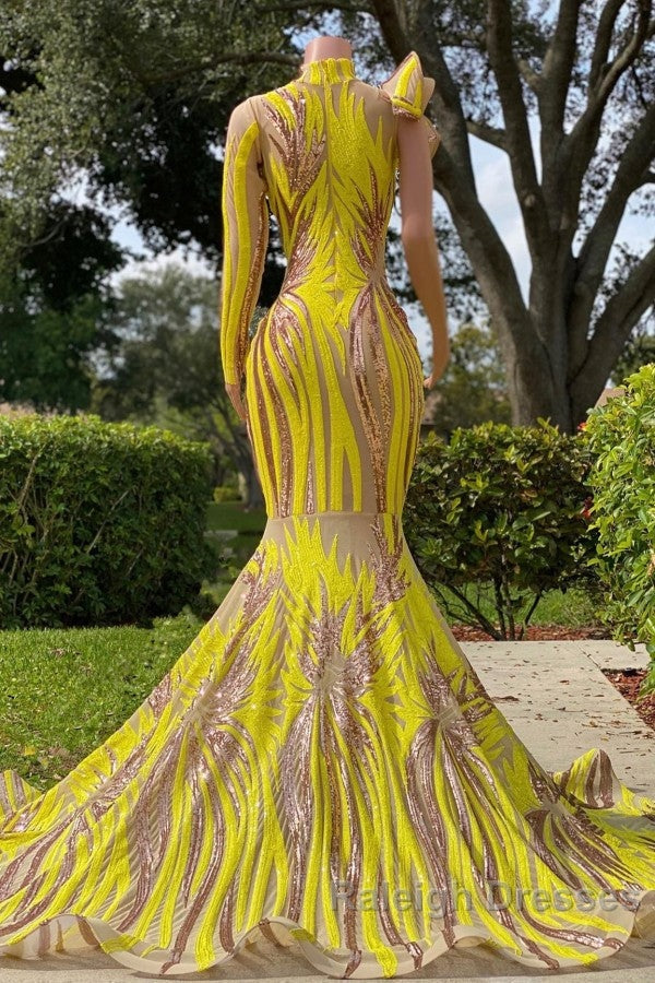 Chic Yellow Long Mermaid High Neck Tulle Lace Prom Dresses with Sleeves