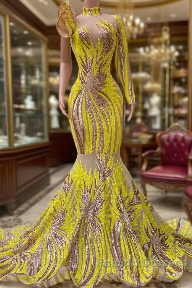 Chic Yellow Long Mermaid High Neck Tulle Lace Prom Dress with Sleeves Main image