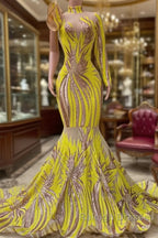 Chic Yellow Long Mermaid High Neck Tulle Lace Prom Dress with Sleeves