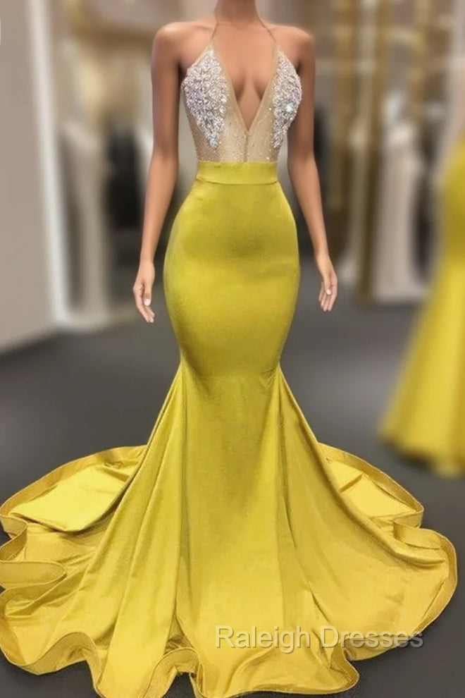 Chic Yellow Sleeveless Crystals Sheer Tulle Prom Dresses New Arrival Mermaid Formal Evening Gowns Main image