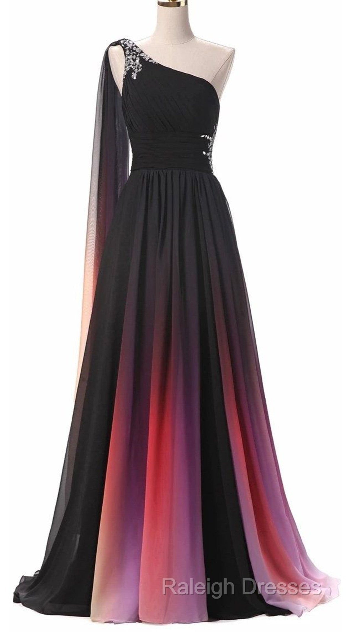 Chiffon A-Line Gradient One Shoulder Evening Dress, Chiffon Prom Dress Party Dress