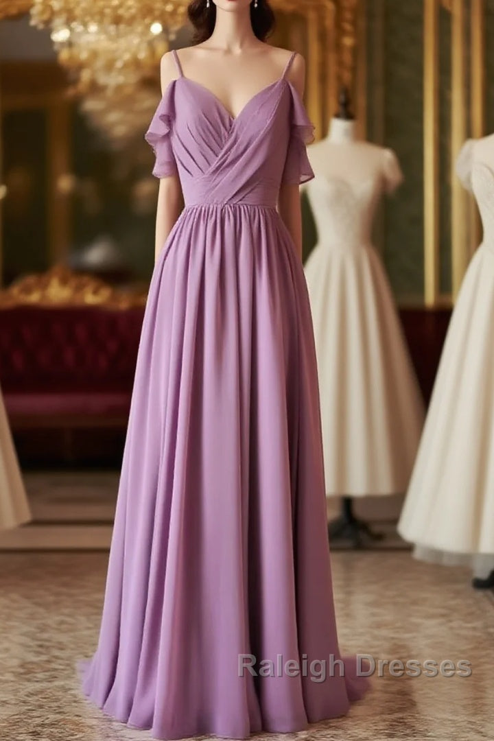 Chiffon Dusty Purple Wedding Guest Dress Straps Long Bridesmaid Dress Main image