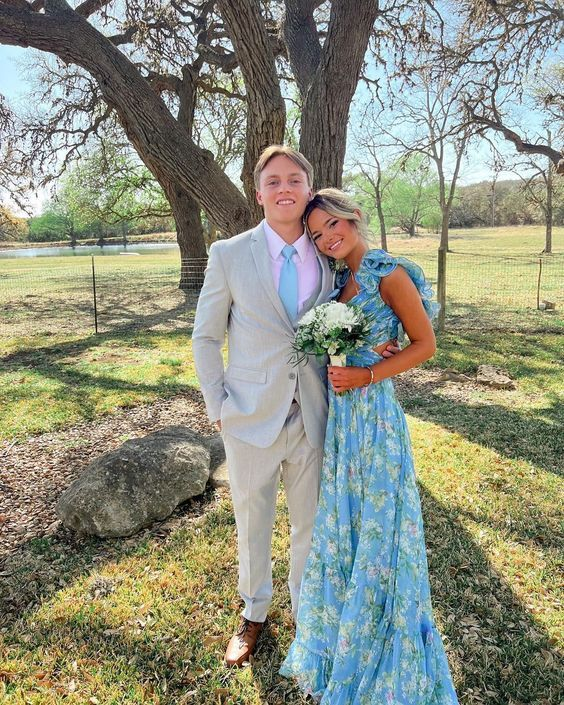 Blue Elegant Chiffon Floral Long Prom Dress Evening Gown Garden Party Dress