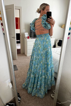 Blue Elegant Chiffon Floral Long Prom Dress Evening Gown Garden Party Dress