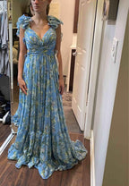Blue Elegant Chiffon Floral Long Prom Dress Evening Gown Garden Party Dress