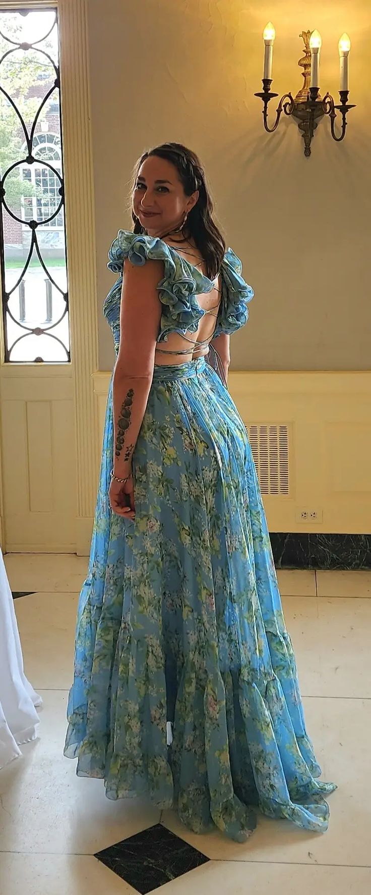 Blue Elegant Chiffon Floral Long Prom Dress Evening Gown Garden Party Dress