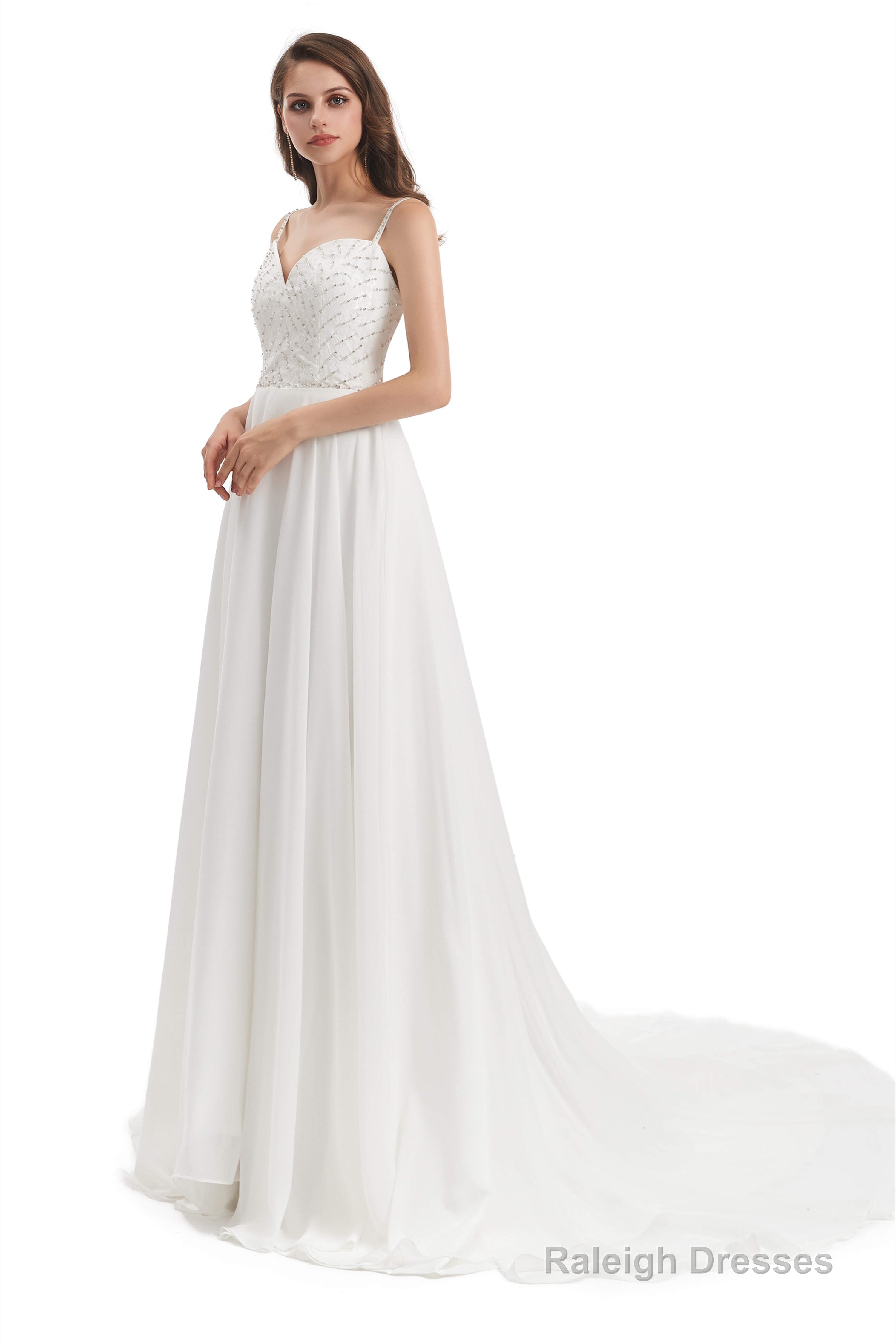Chiffon Lace Spaghetti Straps Beading Wedding Dresses
