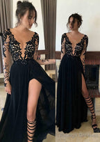 Chiffon Long/Floor-Length A-Line/Princess Full/Long Sleeve Bateau Zipper Up At Side Prom Dresses With Appliqued