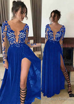 Chiffon Long Dress Floor Length A Line Full/Long Sleeve Bateau Zipper Up At Side Prom Dress With Appliqued