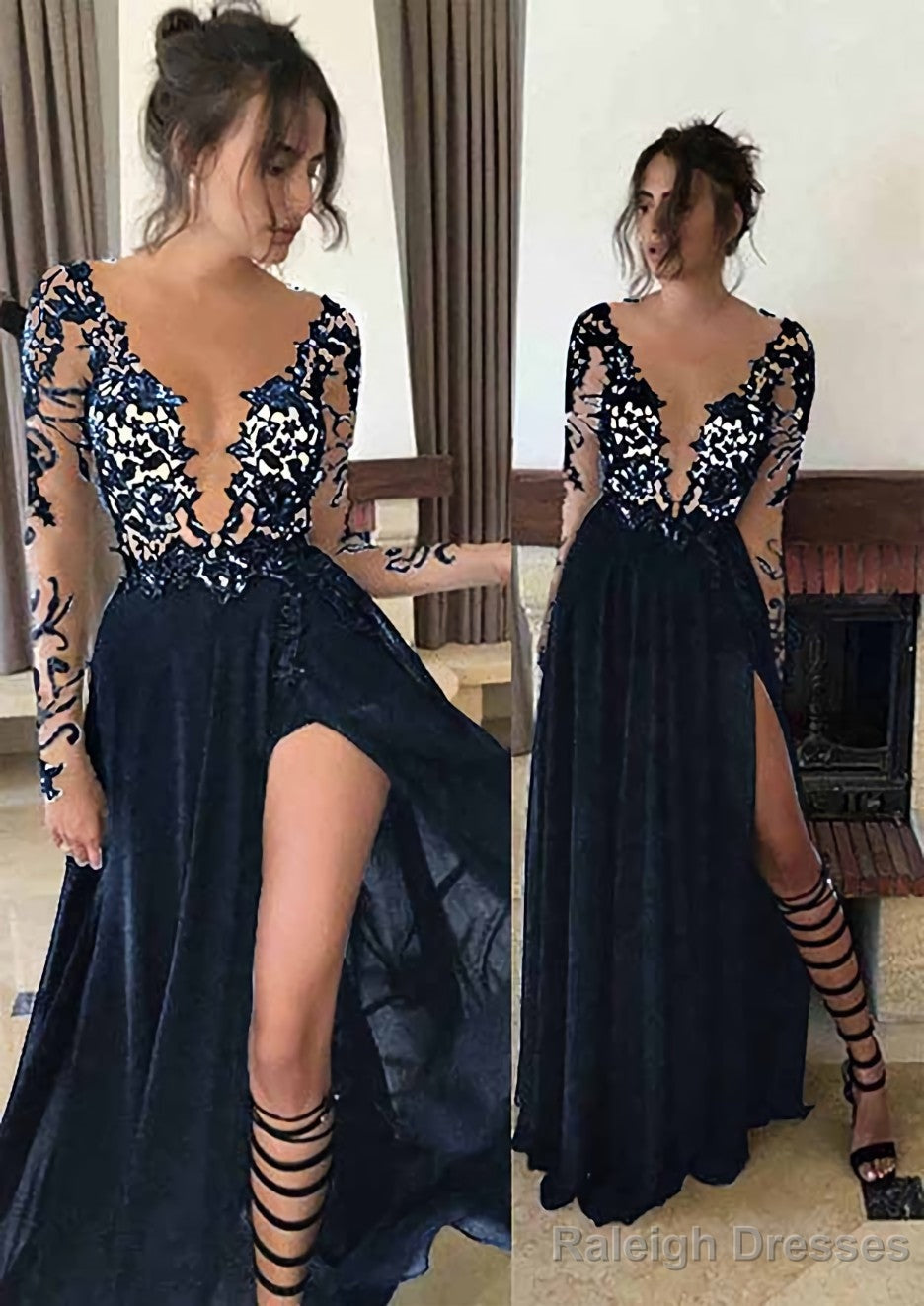 Chiffon Long/Floor-Length A-Line/Princess Full/Long Sleeve Bateau Zipper Up At Side Prom Dresses With Appliqued Secondary image