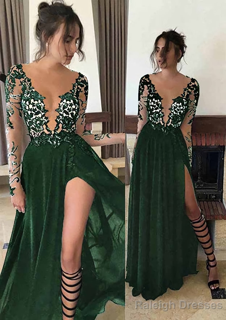 Chiffon Long Dress Floor Length A Line Full/Long Sleeve Bateau Zipper Up At Side Prom Dress With Appliqued