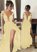 Chiffon Long Dress Floor Length A Line Full/Long Sleeve Bateau Zipper Up At Side Prom Dress With Appliqued