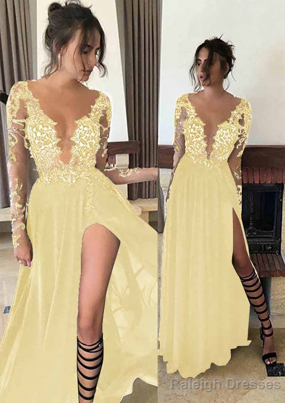 Chiffon Long Dress Floor Length A Line Full/Long Sleeve Bateau Zipper Up At Side Prom Dress With Appliqued