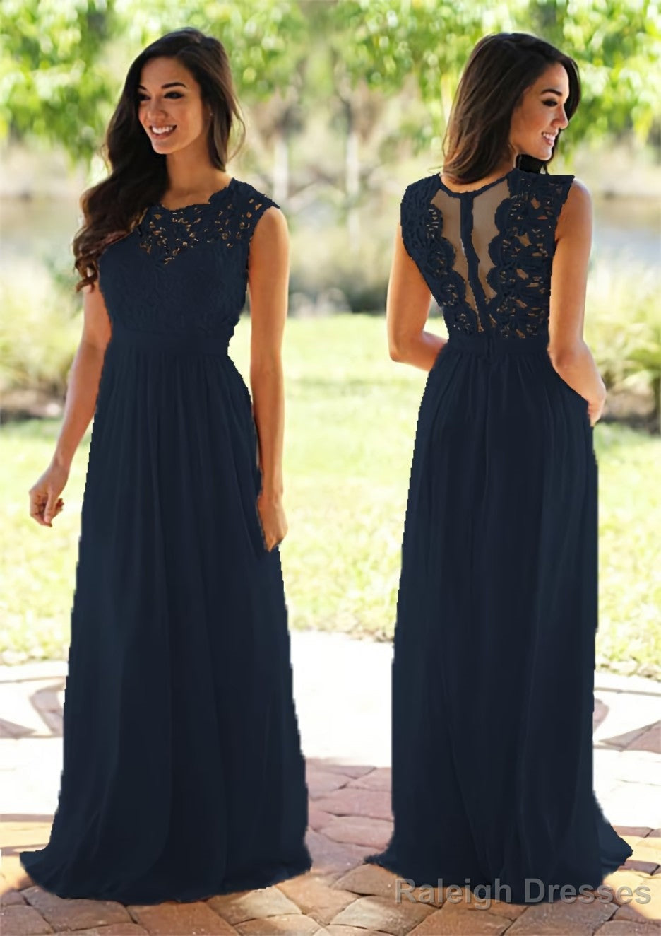 Chiffon Long Dress Floor Length A Line Sleeveless Bateau Zipper Prom Dress With Appliqued Secondary image