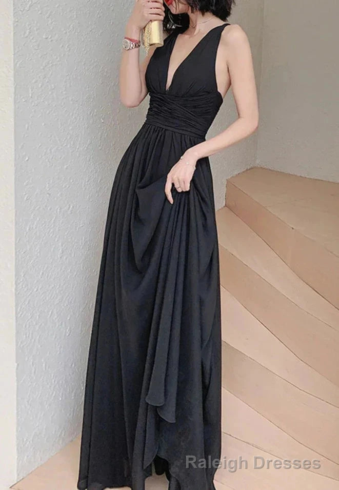 Simple V Neck Chiffon Black Long Prom Dress, Black Evening Dresses Main image