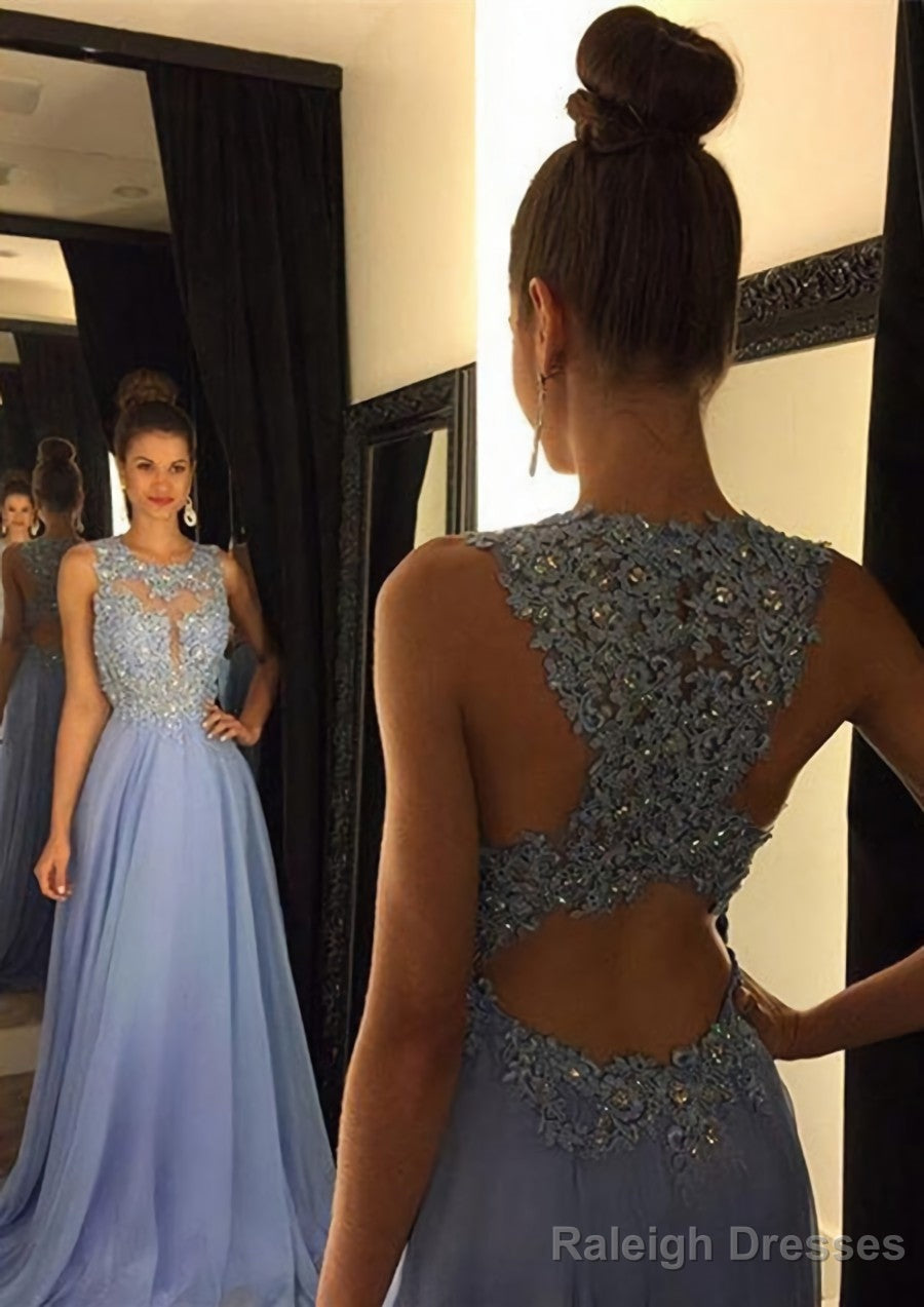 Chiffon Prom Dresses A-Line/Princess Scoop Neck Sweep Train With Appliqued Beaded Main image