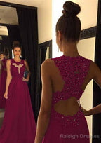 Chiffon Prom Dresses A-Line/Princess Scoop Neck Sweep Train With Appliqued Beaded