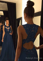 Chiffon Prom Dresses A-Line/Princess Scoop Neck Sweep Train With Appliqued Beaded