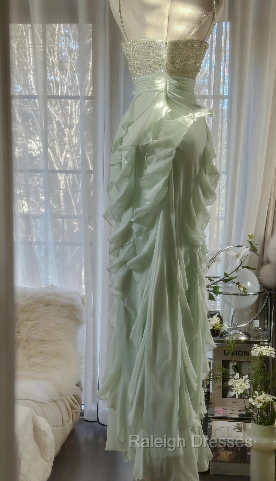 Chiffon Sheath Spaghetti Strap Ruffled Prom Dress With Beading Evening Dress Secondary image