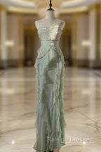 Chiffon Sheath Spaghetti Strap Ruffled Prom Dresses With Beading Prom Dresses