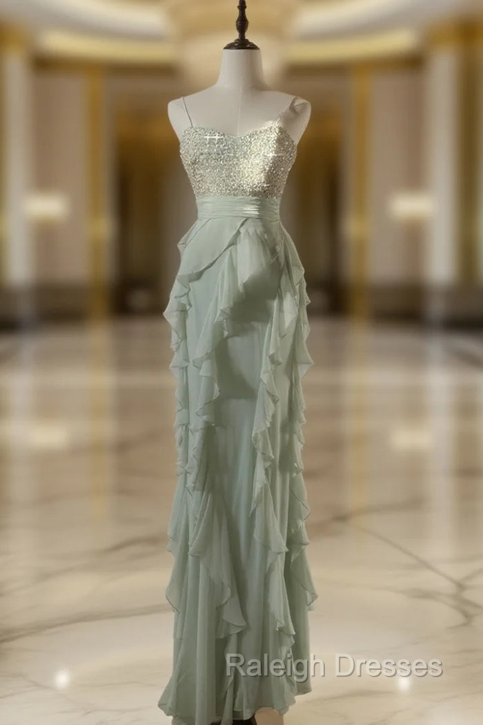 Chiffon Sheath Spaghetti Strap Ruffled Prom Dresses With Beading Prom Dresses