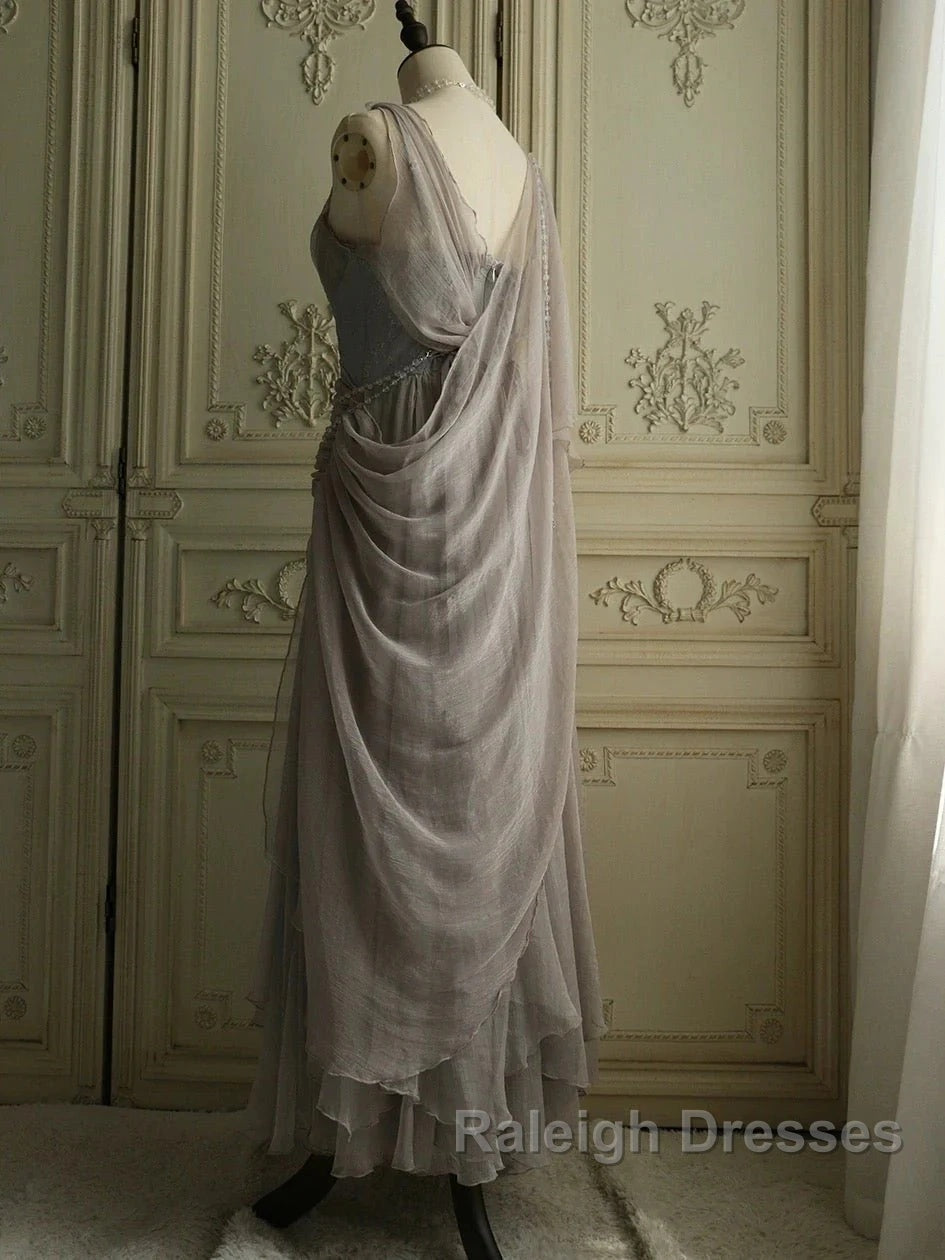 Chiffon Spaghetti Straps Transparent Beads Sweetheart Neck Grey Long Prom Dress Secondary image