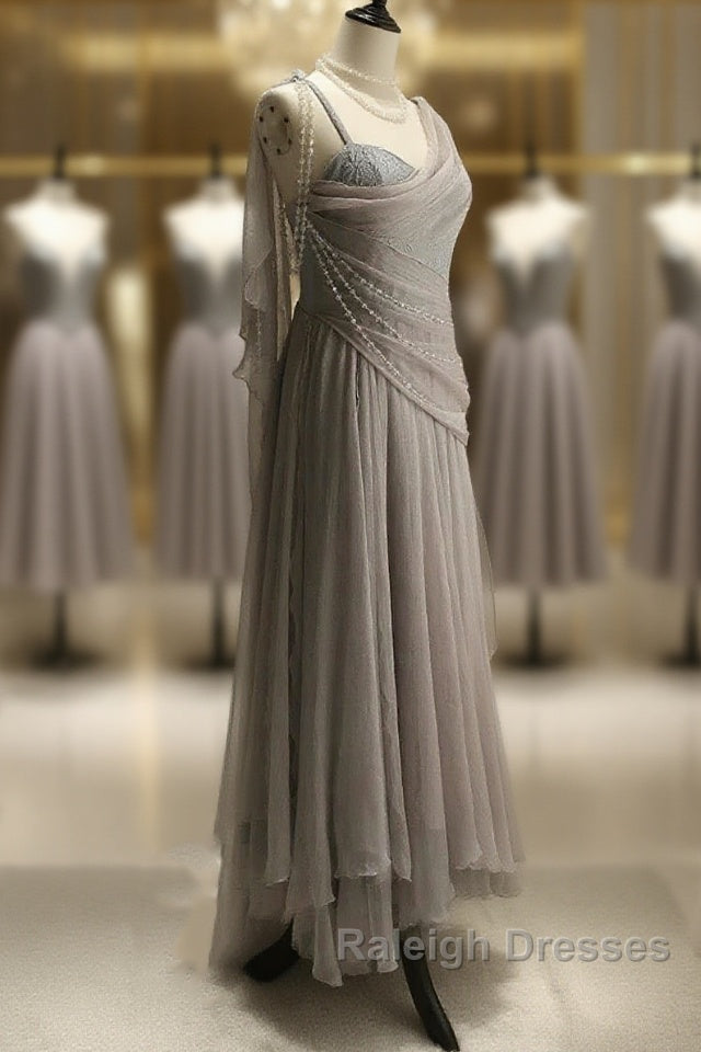 Chiffon Spaghetti Straps Transparent Beads Sweetheart Neck Grey Long Prom Dress