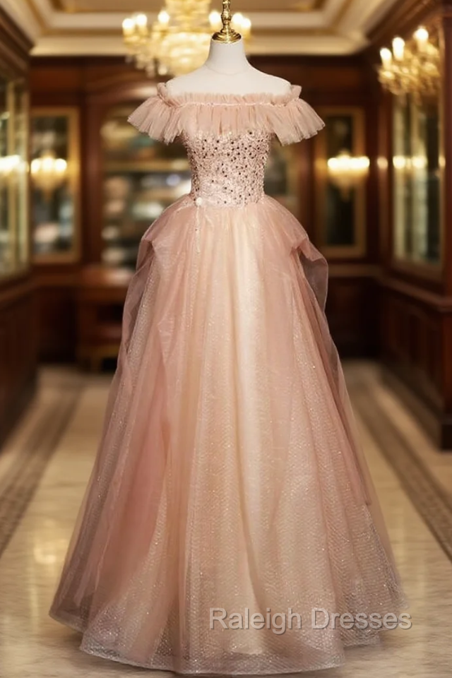 Chmpagne Pink Tulle Off the Shoulder Pearls Prom Dress
