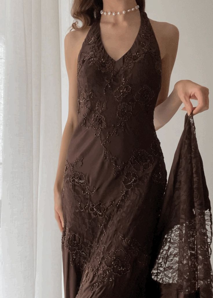 Brown Vintage Elegant Suspender Lace Spaghetti Strap Long Satin Ball Gown Evening Dress Secondary image
