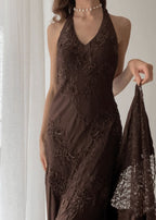 Brown Vintage Elegant Suspender Lace Spaghetti Strap Long Satin Ball Gown Evening Dress