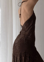Brown Vintage Elegant Suspender Lace Spaghetti Strap Long Satin Ball Gown Evening Dress