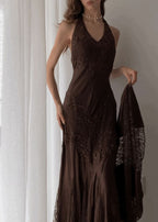Brown Vintage Elegant Suspender Lace Spaghetti Strap Long Satin Ball Gown Evening Dress