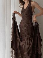 Brown Vintage Elegant Suspender Lace Spaghetti Strap Long Satin Ball Gown Evening Dress