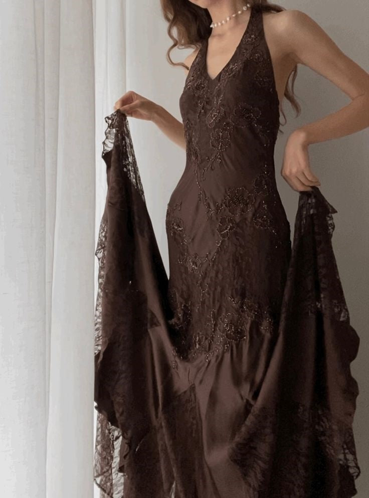 Brown Vintage Elegant Suspender Lace Spaghetti Strap Long Satin Ball Gown Evening Dress