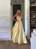 Classic A-Line Spaghetti Straps Pastel Yellow Satin Prom Dress Long Prom Dresses