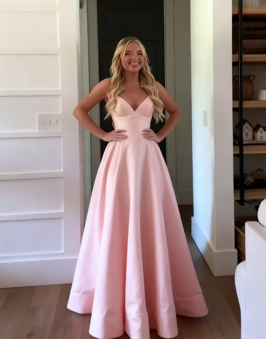 Classic A-Line Spaghetti Straps Pastel Yellow Satin Prom Dress Long Prom Dresses