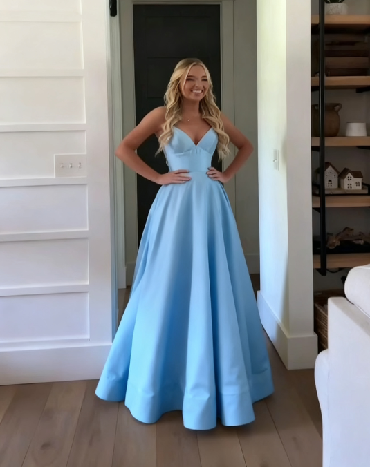 Classic A-Line Spaghetti Straps Pastel Yellow Satin Prom Dress Long Prom Dresses
