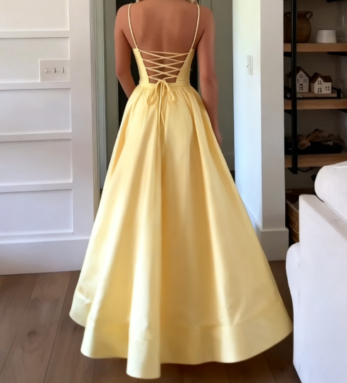 Classic A-Line Spaghetti Straps Pastel Yellow Satin Prom Dress Long Prom Dresses