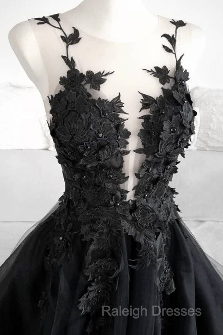 Classic Black Lace Tulle Prom Dresses Long Black Prom Dresses Secondary image