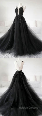 Classic Black Lace Tulle Prom Dresses Long Black Prom Dresses