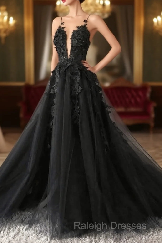 Classic Black Lace Tulle Prom Dresses Long Black Prom Dresses Main image