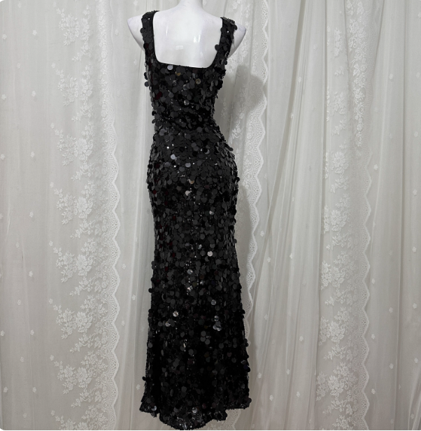 Classic Black Mermaid Square Neck Spaghetti Strap Sequin Long Formal Prom Dress