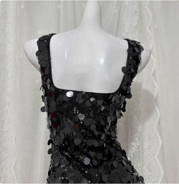 Classic Black Mermaid Square Neck Spaghetti Strap Sequin Long Formal Prom Dress