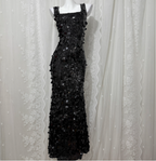 Classic Black Mermaid Square Neck Spaghetti Strap Sequin Long Formal Prom Dress