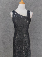 Classic Black Slim-Fit Asymmetric Neck Sequin Tulle Long Formal Prom Dress
