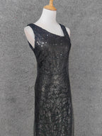 Classic Black Slim-Fit Asymmetric Neck Sequin Tulle Long Formal Prom Dress