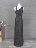 Classic Black Slim-Fit Asymmetric Neck Sequin Tulle Long Formal Prom Dress
