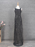 Classic Black Slim-Fit Asymmetric Neck Sequin Tulle Long Formal Prom Dress