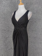 Classic Black V-Neck Sleeveless Open Back Lace Chiffon Long Formal Prom Dress