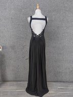 Classic Black V-Neck Sleeveless Open Back Lace Chiffon Long Formal Prom Dress